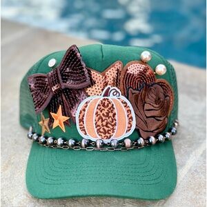 Green Fall Pumpkins Pearls Sequin Trucker Patch Cap